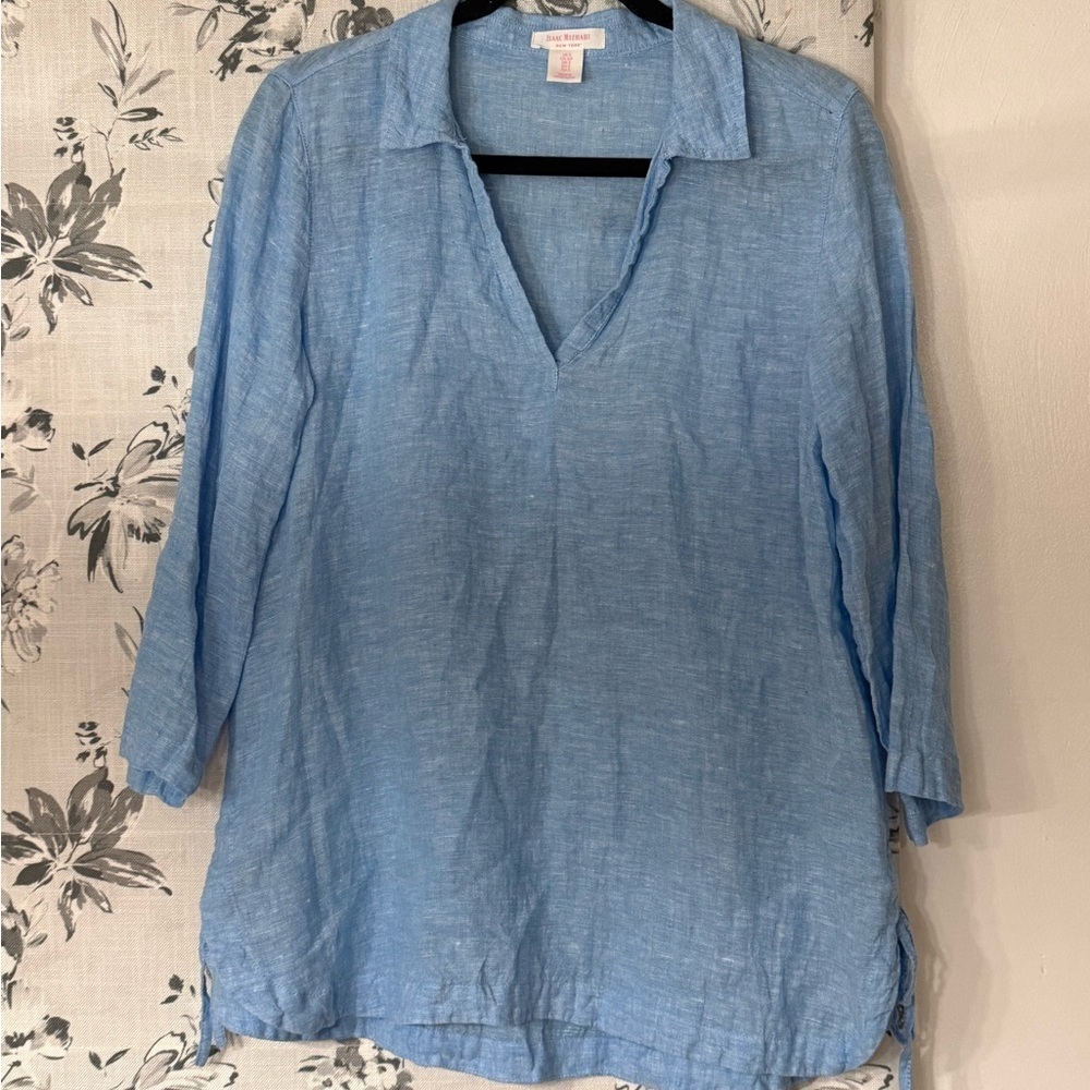 Isaac Mizrahi Light Blue Tunic Top 100% Linen